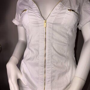 Guess White with Gold Zippers short sleeve top Full Zip up Women's Size XS